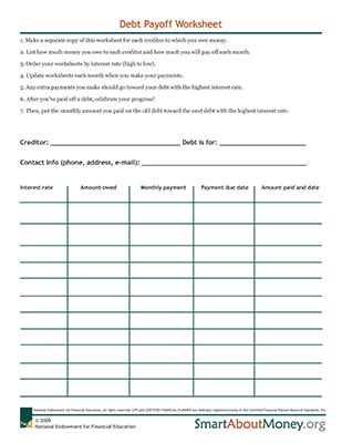 Divorce Recovery Debt Payoff Worksheet