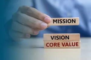 mission vision and core value 3 wooden blocks